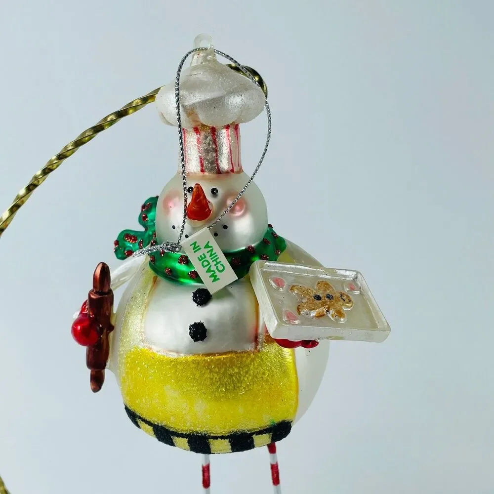 Glass Snowman Chef Baker Ornament Christmas Holiday Large Hand Painted 8in